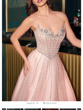 Strapless Pearl and Rhinestone Embellished Pink Ball Gown Dress